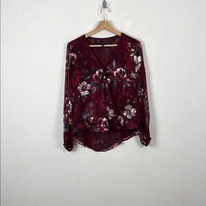 White House Black Market Women's 2 Silk Blend Floral Burgundy Burnout Tunic Top